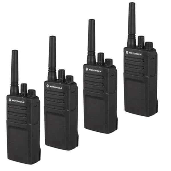 Four black back to back radios